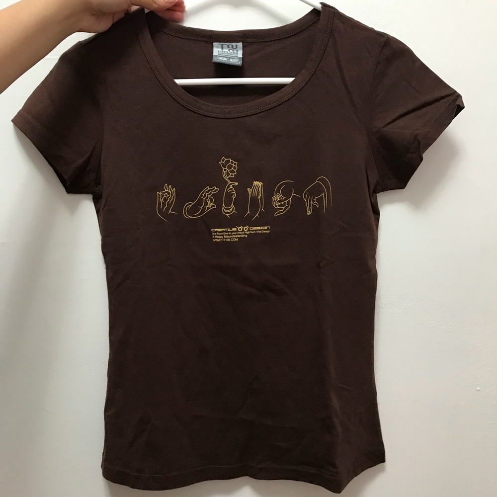 Brown Graphic T-Shirt Hands Symbols Size L Juniors